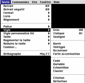 menu des reglages des textes